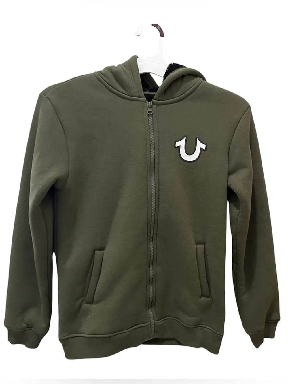 True Religion Olive Green Graphic Fleece-Lined zip up jacket youth M 10/12